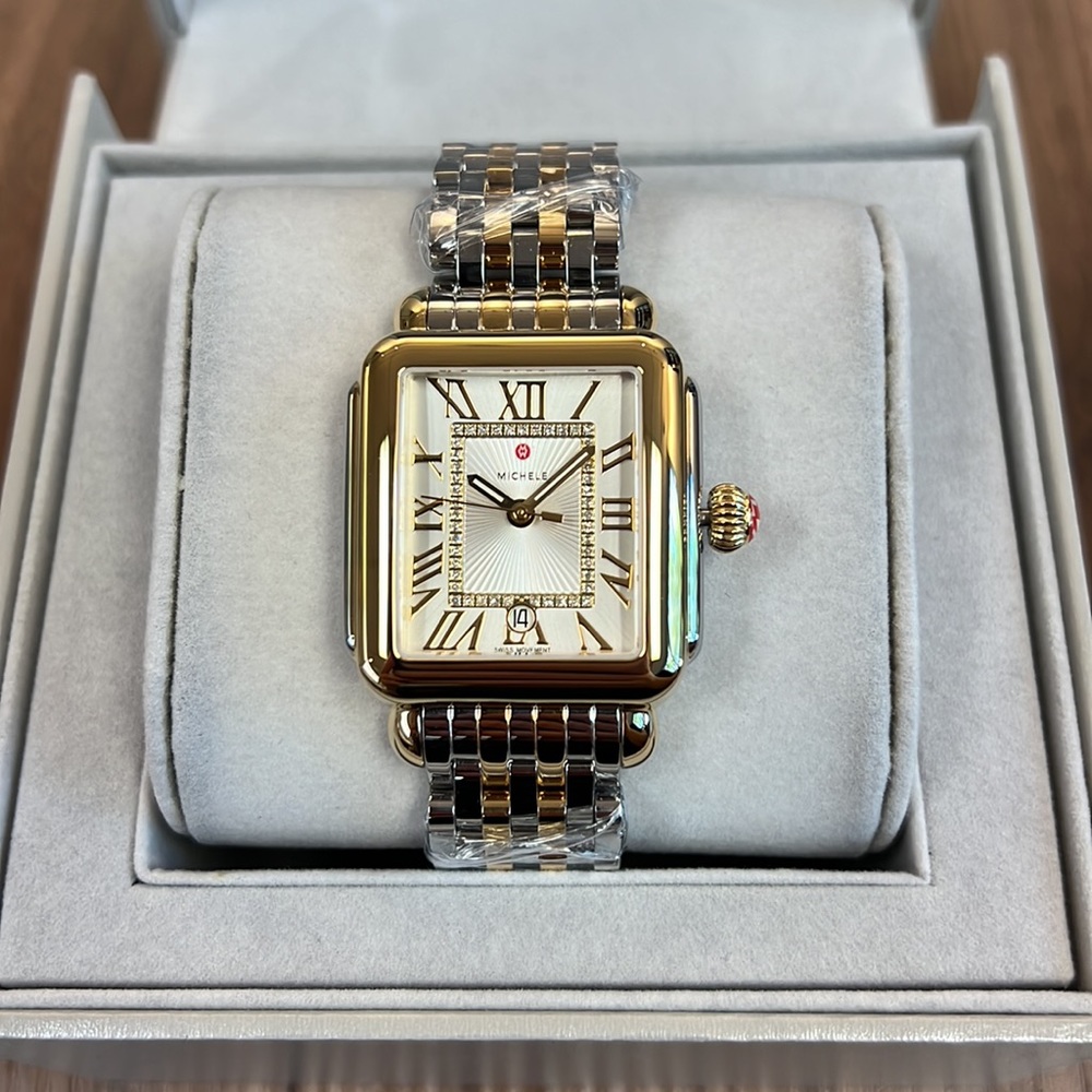 New Michele Deco Madison Diamond Two Tone Gold MWW06T000147 Ladies 33m Watch - Picture 2 of 5